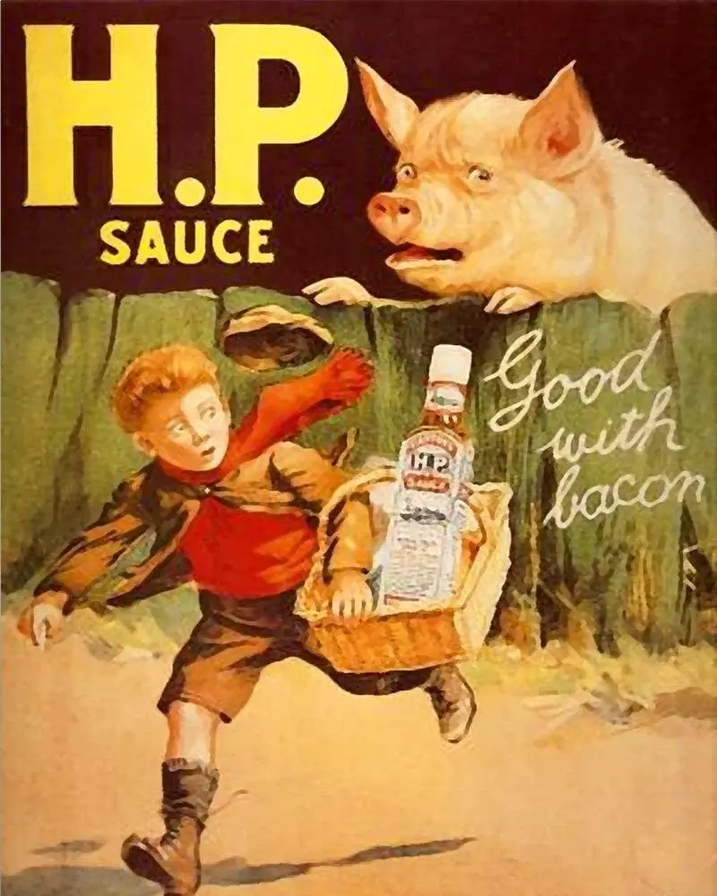 

Metal Wall Card H.P Sauce Running Child Animal Pig Farm Art Poster Indoor Outdoor Wall Decoration Retro L Wall Card 8X12 Inches