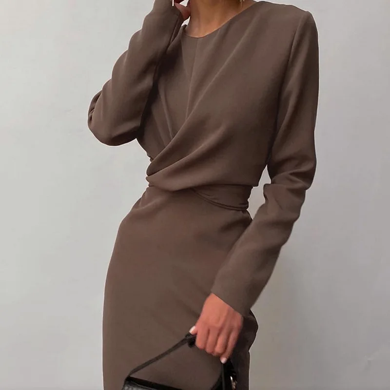 

Twisted Waist Long-Sleeved Round Neck European And American Fashion Evening Pleated Layered Temperament Dress