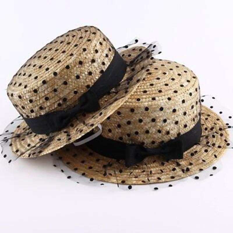 Женская соломенная шляпа от солнца черная в сеточку горошек с широкими полями