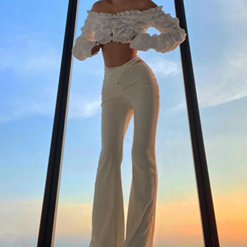 

2021 Lace Y2K Women Hollow Out Cross Lace Up High Waist Flare Pants Heart Patches Hip White Ladies Trousers