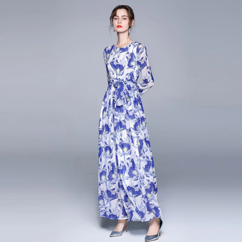 

Newest Designer Summer Chiffon Dress Long Sleeve Bow Blue Flower Print Fashion Robe Femme Elegant Party Vintage Lady Maxi Dress