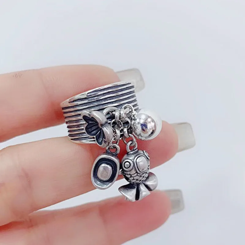 

S925 sterling silver, vintage Thai silver, old and lively men's and women's rings, wide version of yuanbao, Fuyu tassel ring