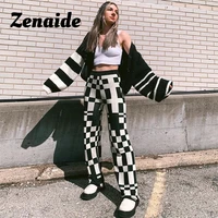 zenaide knit plaid pants black and white streetwear vintage y2k fashion knitting high waist checked wide leg trousers women