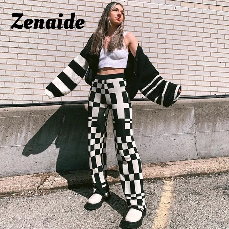 Женские клетчатые брюки Zenaide винтажные трикотажные с широкими штанинами и