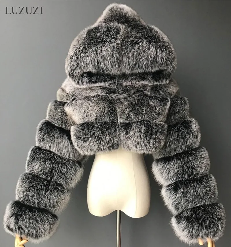 

LUZUZI New Winter Furry Cropped Faux Fur Coats Women 2020 Fluffy Top Coat with Hooded Warm Fur Jacket Ladies manteau femme