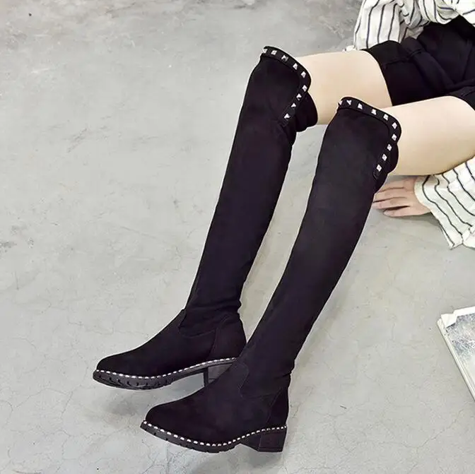 Модные женские повседневные Сапоги выше колена на квадратном каблуке женская