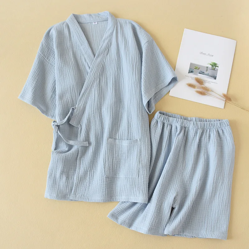 

Japanese style kimono new ladies solid color short sleeve + shorts pure cotton double gauze pajamas sleep pants suit plus size