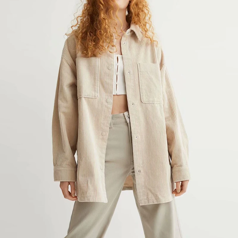 

ZA Autumn Women Jacket 2021 Solid Casual Corduroy Long Sleeve Turn Down Collar Coats Cotton Fashion Pocket Street Outwear