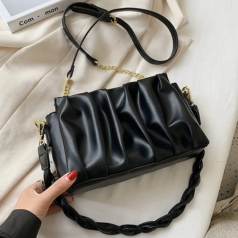 

Folds Designer PU Leather Crossbody Bags For Women 2021 Solid Color Shoulder Handbags and Purses Female Trend Branded Hand Bag