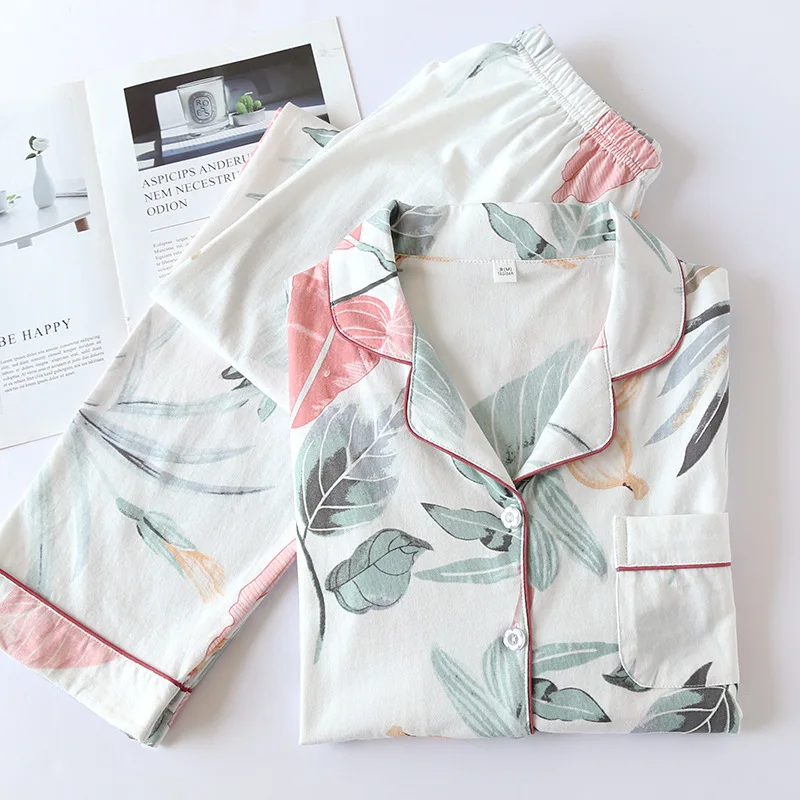 

Pajamas Ladies Spring and Autumn Summer Knitted Cotton Long-sleeved Home Wear Cotton Thin Ladies Plus Size Suit