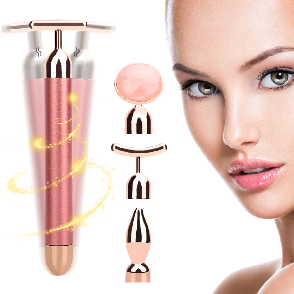 

4 in 1 Vibrating Rose Quartz Roller Face Roller Eye Massager Jade Roller V Shaped Face Lifting Slimming Beauty Bar Massager