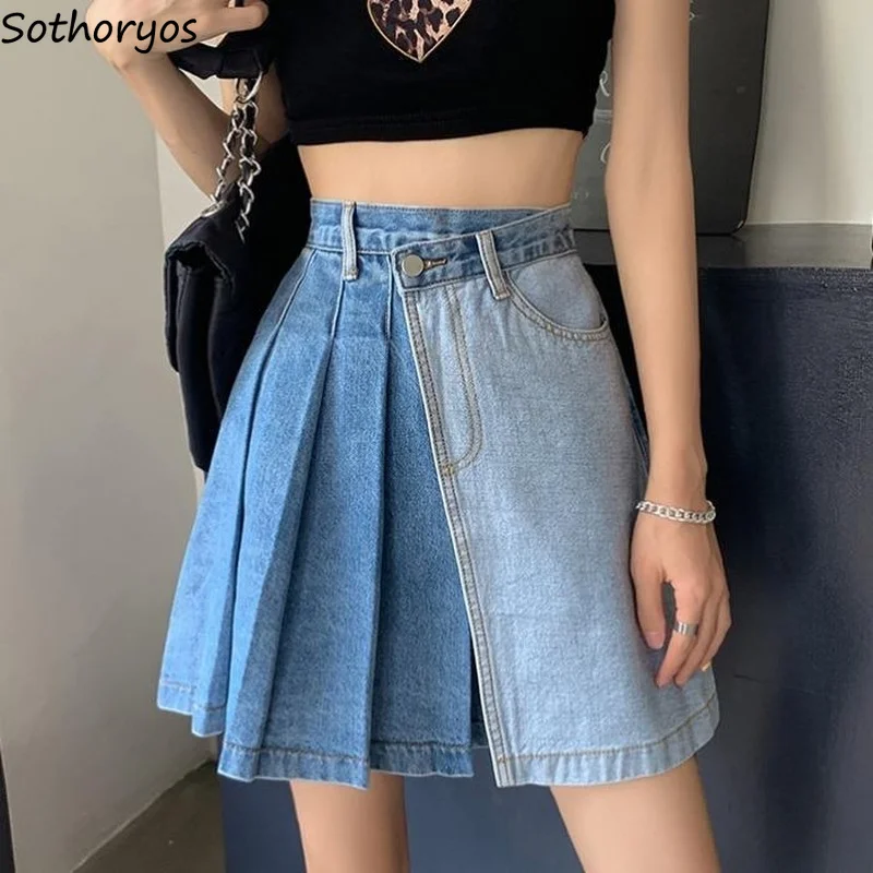 

Denim Pleated Skirts Women Patchwork Stylish S-4XL Fake-two Pieces Panelled Trendy High Street Empire Loose Mini Harajuku Chic