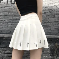 gothic high waist mini skirts cool girl sexy punk cross print pleated skrit women black white basic all match chic short dress