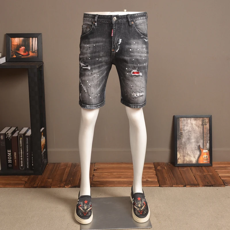 Summer Thin Denim Shorts Men Stretch Slim Fit Jeans Vintage Spray Painting Patch Knee Length Pants