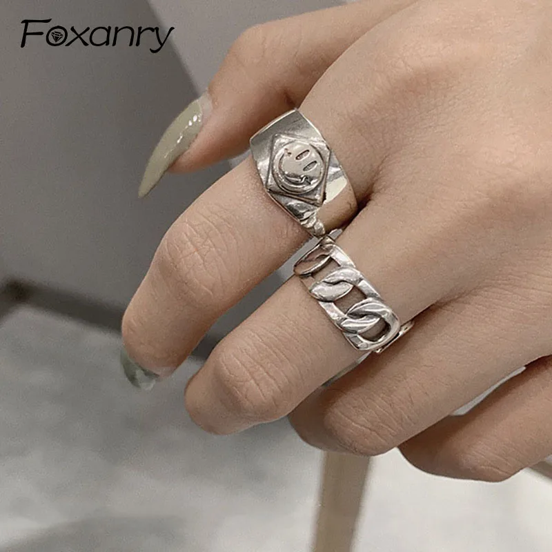 Foxanry 925 Sterling Silver Smiling Face Width Rings for Women Couples Vintage Simple Handmade anillos Thai Silver Party Jewelry
