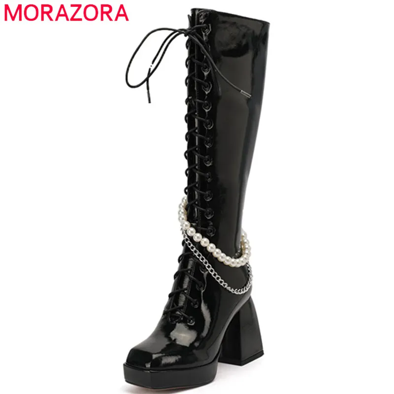 

MORAZORA 2021 Hot Sale Genuine Leather Shoes Women Knee High Boots Pearl Chain Zip Winter High Heels Platform Boots Women Shoes