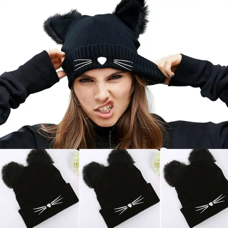 Забавная новинка кошачьи ушки женская вязаная шапочка акриловая теплая зимняя