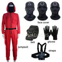 round six halloween squid game cosplay costume red jumpsuit carnival villain cos props face cover belt black veil gloves straps