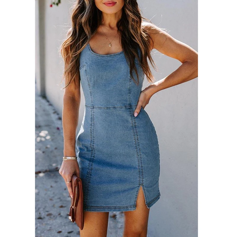 Купи Round Neck Sleeveless Denim Strap Type Women's Skirt Spring Autumn Solid Color Sexy Small Split Short Dress Temperament Commute за 1,103 рублей в магазине AliExpress