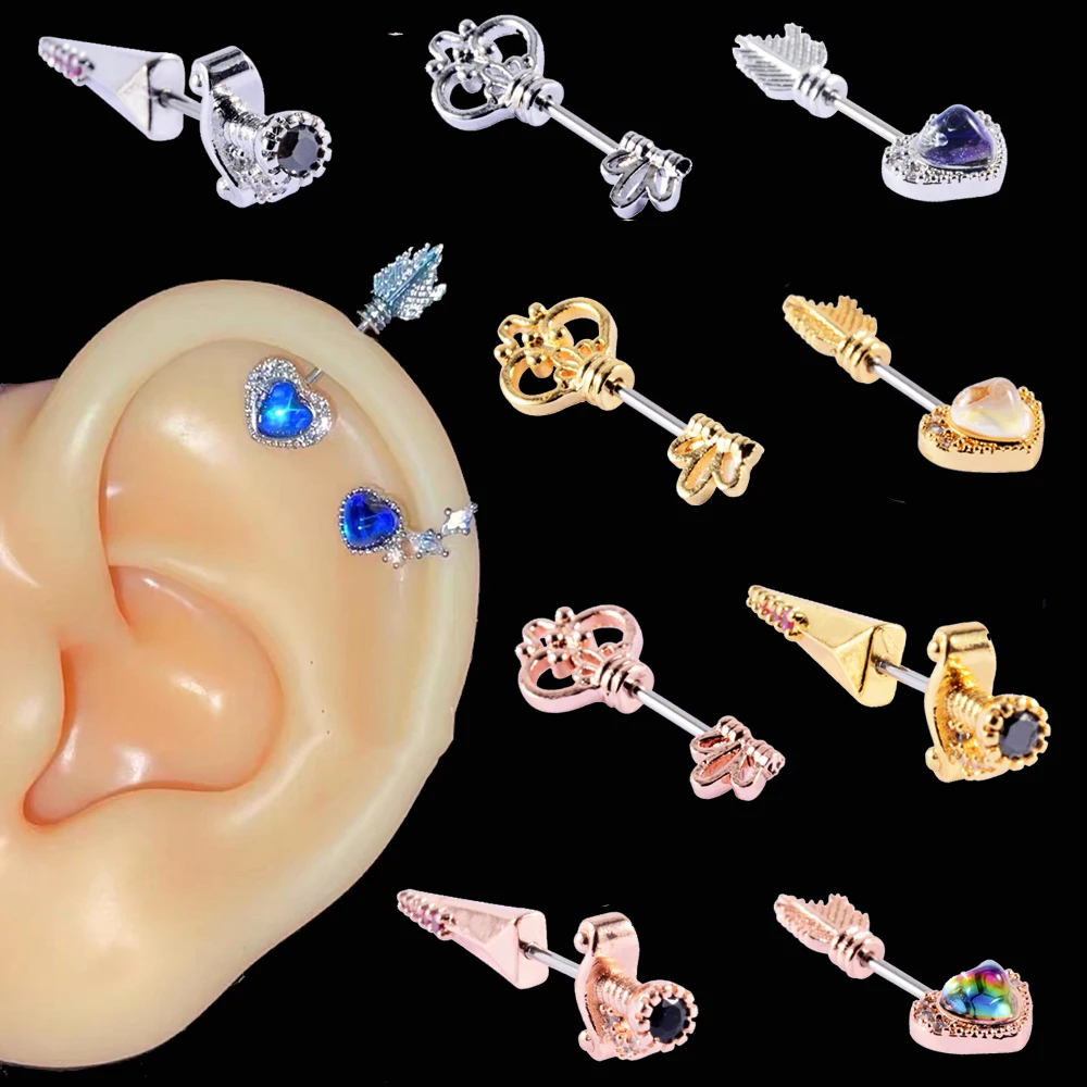 

9PCS/Lot Stainless Steel Cz Tragus Ear Cartilage Multicolor Crystal Feather Earrings Barbell Korean Fashion Ear Studs 20G