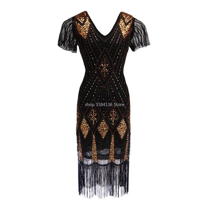 Женское платье миди с V-образным вырезом бахромой и блестками | Женская одежда