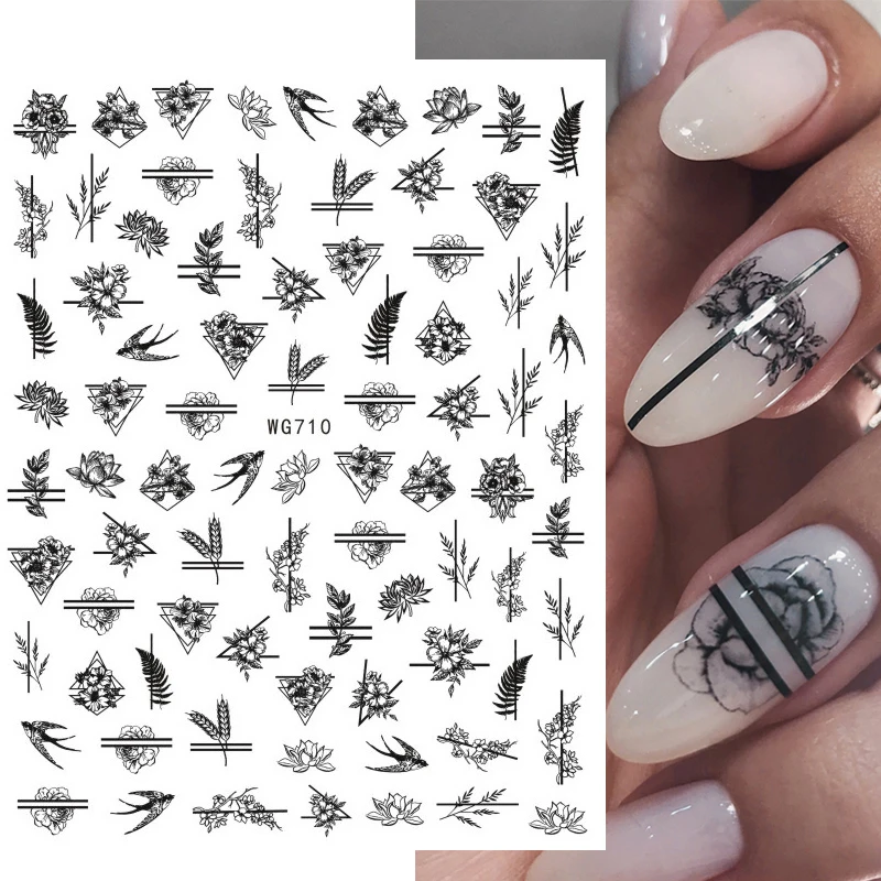 

1 Sheet Black Flowers Lines 3D Nail Sticker Geometric Leaves Heart Self Adhesive Nail Art Decals Manicures Sliders Foils