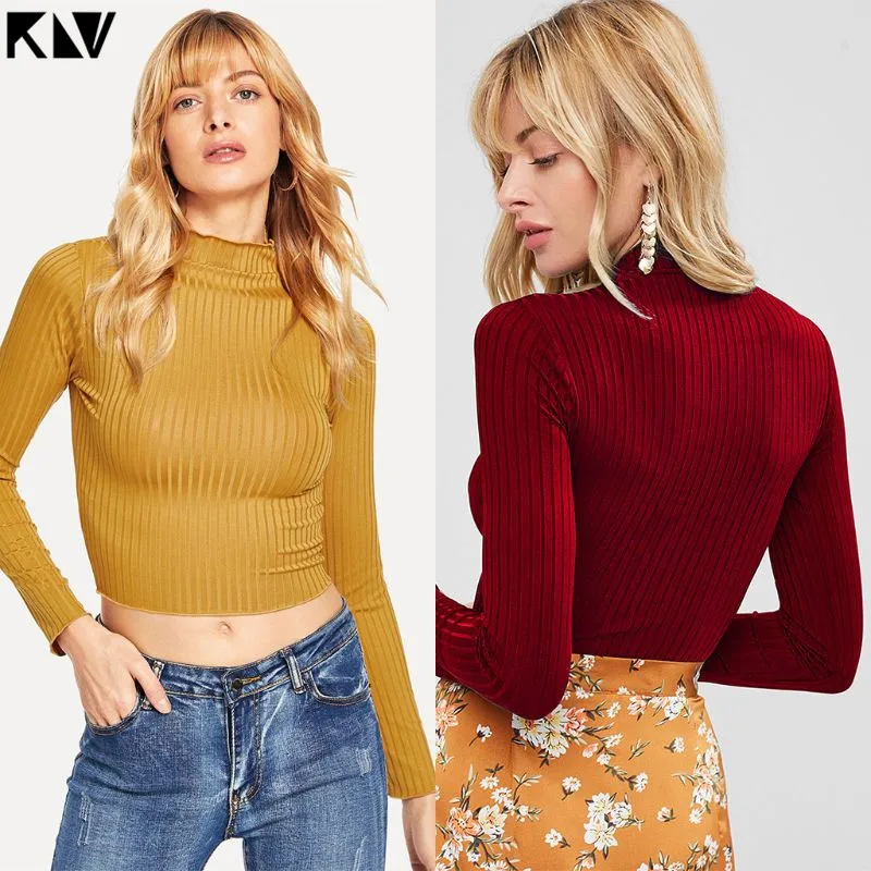2019 Women Long Sleeve Turtleneck Sweater Ribbed Knit Vertical Stripes Sexy Slim Fitted Top Solid Casual Basic Streetwear | Женская
