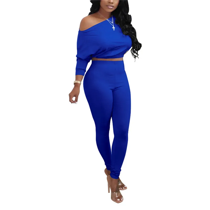 

Womens Two Piece Set Casual Tracksuit Fall Spring Solid Color Long Sleeve Oblique Shoulder Top and High Waist Pocket Trousers