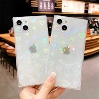 square gradient laser love heart clear phone case for iphone 13 12 11 pro max x xr xs 7 8 plus cover lens protective cases coque