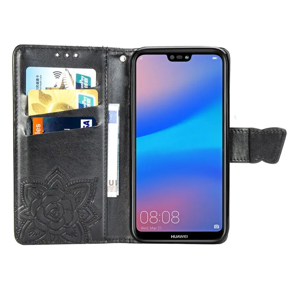 Роскошный кожаный чехол-кошелек с бабочкой и цветком для Huawei P20 Lite чехлы откидной