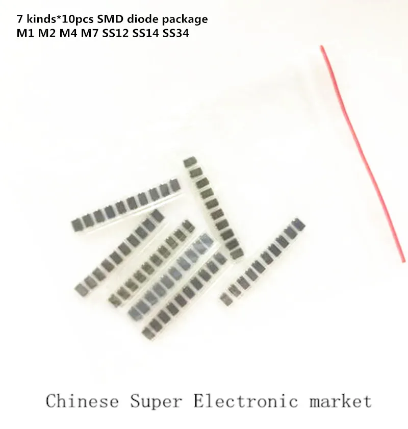 7 видов * 10 шт. = 70 шт./лот SMD упаковка диодов/M1 (1N4001) / M2 (1N4002) /M4(1N4004)/ M7 (1N4007)/ SS12 SS14 SS34