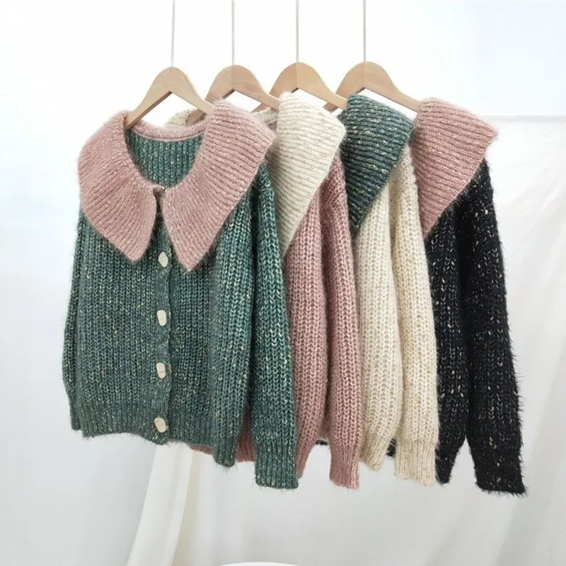 

Women Cardigan Knitted Sweater Spring Autumn Long Sleeve Turn Down Collar Jumper Casual Streetwear Fashion Pull Femme Coat