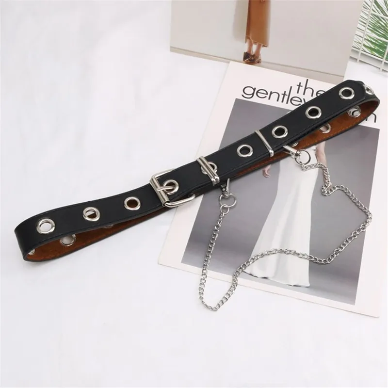 

Women Streetwear Punk PU Leather Belts Women Black Fashion Gothic Metal Chain High Waist Bodycon Belts