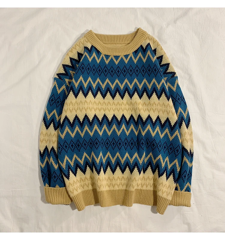 Sweater Men's Warm Fashion Contrast Color Casual Retro O-neck Knit Pullover Men Loose Knitting Sweaters Male Sweter Clothes