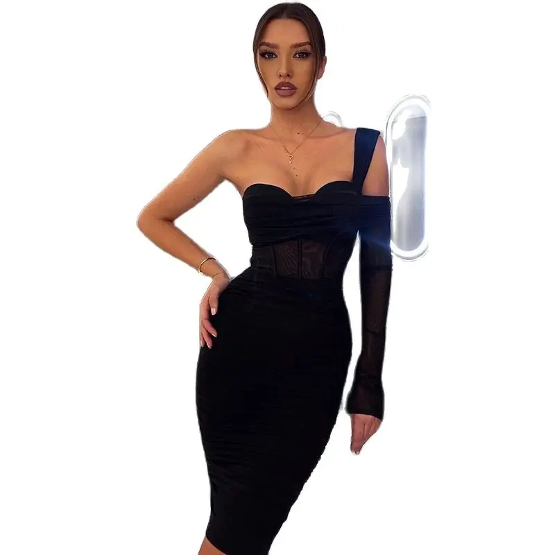 

Модное сексуальное Сетчатое платье с одним плечом и асимметричным односторонним рукавом, новинка 2022