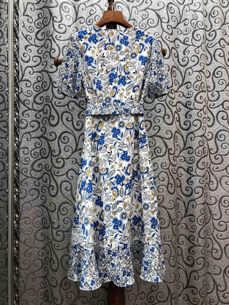 

High Quality Silk Dress 2020 Summer Women Blue Color Block Floral Print Ruffle Sexy Short Sleeve Mid-Calf Asymmetrical Dress Sun