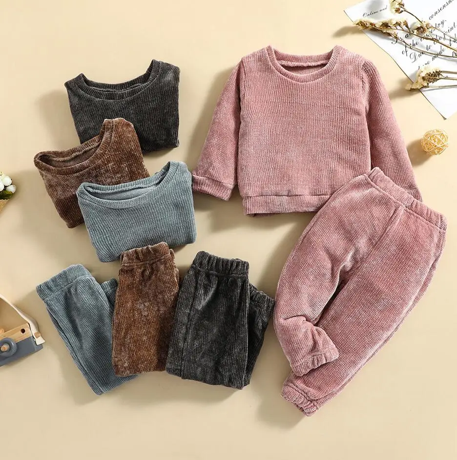 

Winter Fall Infant Baby Warm Outfits Set Girls Boys Solid Color Long Sleeve Round Neck Pullover Tops Trousers Children's Sets