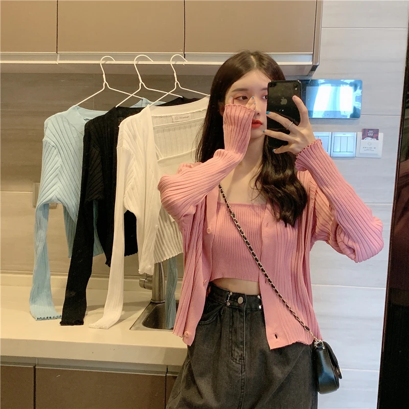 

Spring and Autumn New Long-Sleeved Sweater Women's Outer Wear Large Size Short Top for Plump Girls Bandeau Sling Vest Two-Piece