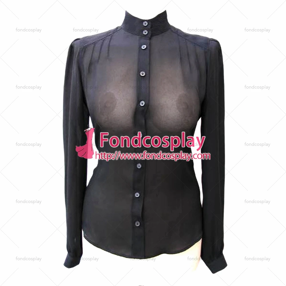 

fondcosplay adult sexy cross dressing sissy maid short Black Clear Chiffon Shirt See-through Buttons Blouses Tailor-made[G1352]