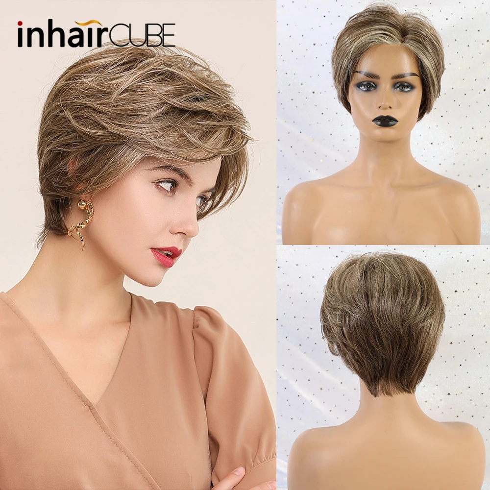 Inhaircube короткие волнистые кружевные передние парики для женщин 50% человеческие