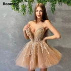 Женское кружевное платье-трапеция Booma, из тюля цвета шампанского, с глубоким V-образным вырезом, без рукавов, с аппликациями, для выпускного вечера, мини-Выпускные платья