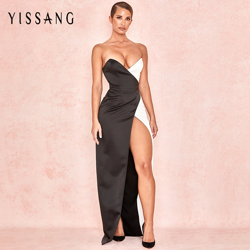 Женское платье макси с открытой спиной Yissang черно белое вечернее разрезом и