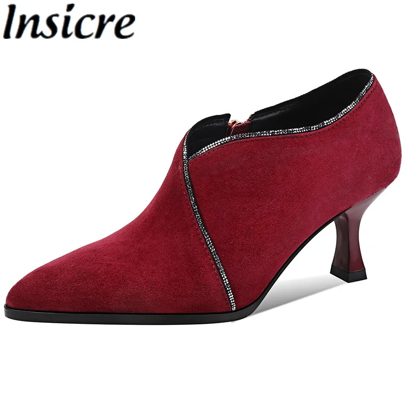 

Insicre 2021 Autumn Classics Women Pumps Kid Suede Zipper Pointed Toe Wine Red Shallow Big Size 42 Thin High Heel Shoes