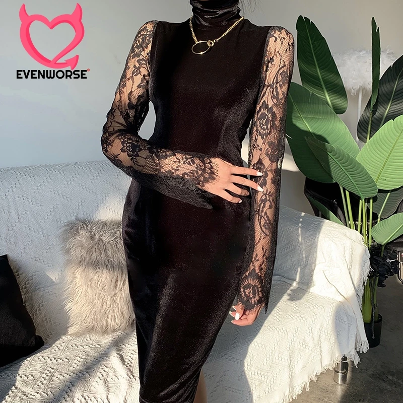 Женское облегающее платье evenхуже черное из замши с длинным рукавом и молнией