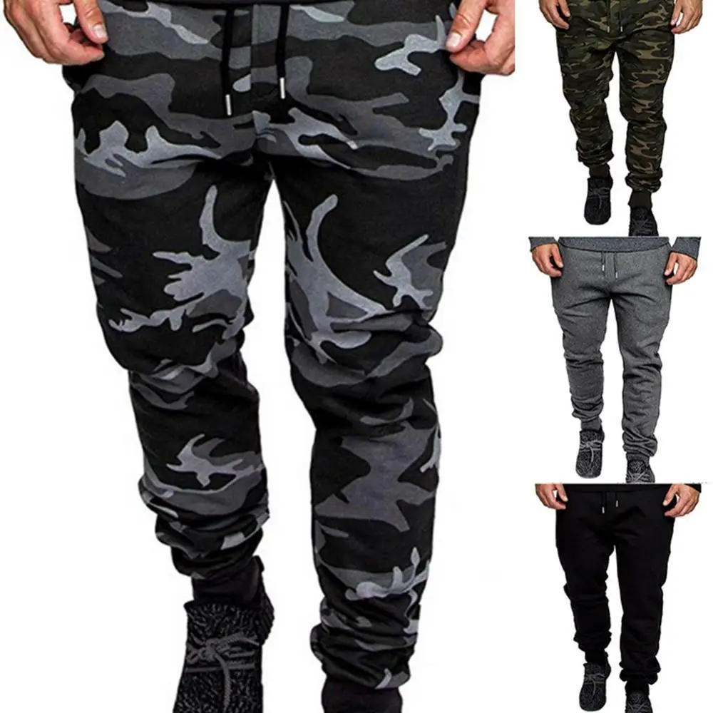 

70% Hot Sale Men Camouflage Solid Color Elastic Waistband Drawstring Pockets Sports Pants