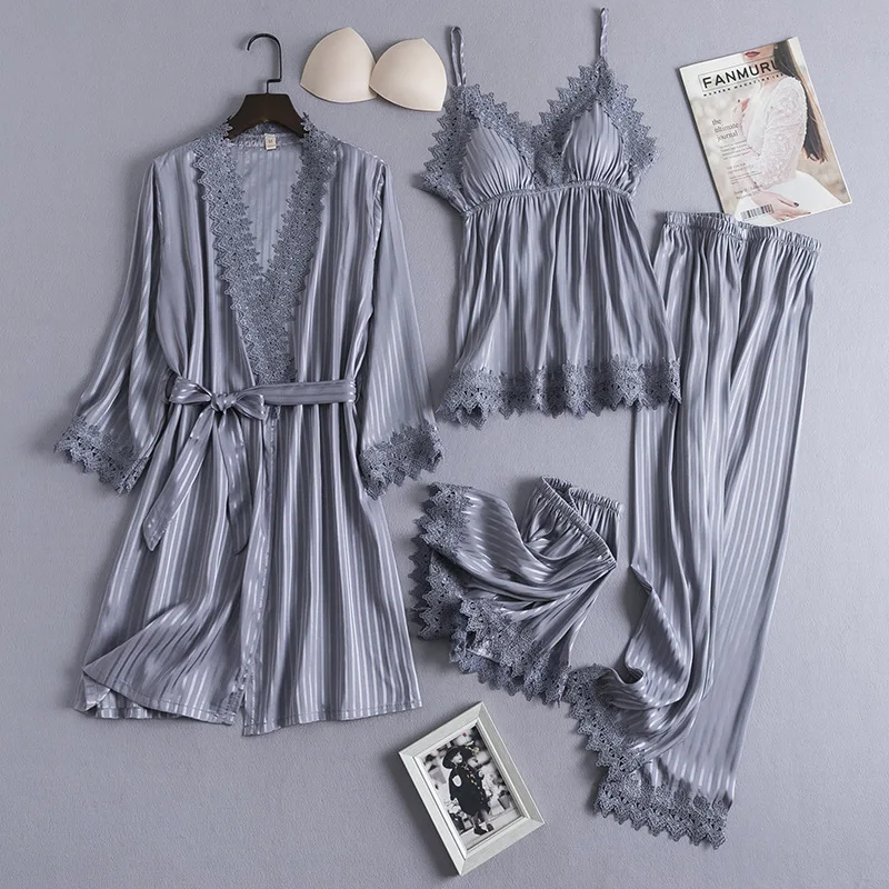 

Women Lace Trim Pajamas Sets Sexy Rayon Summer Pyjamas Sleep Suit Sleepwear With Bra Lounge Loose Lingerie Nightwear Robe Gown