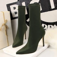 2021 women stretch fabric sock boots plus size slip on silk ankle boots green 10cm stripper high heels stiletto boots prom shoes