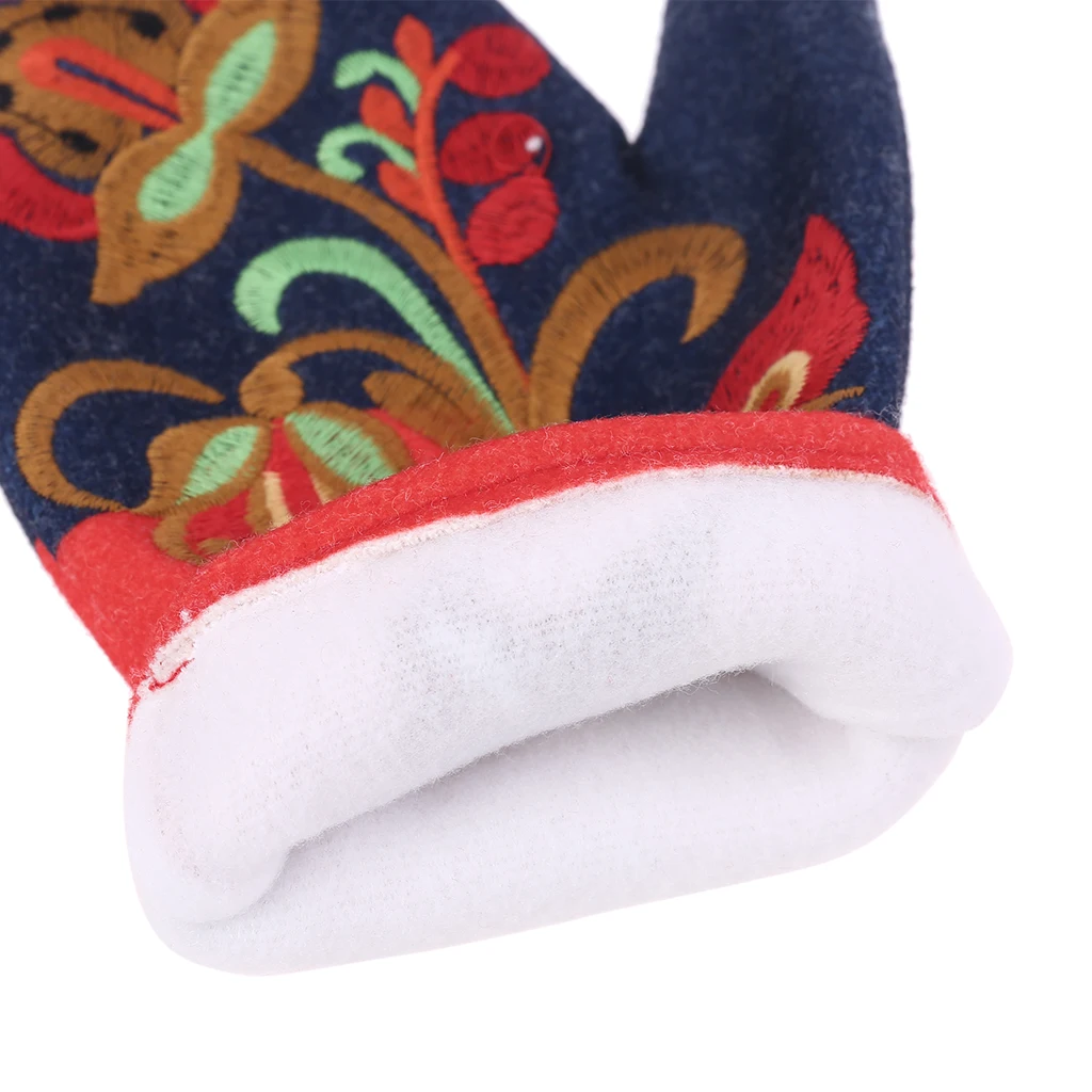 

Women Winter Faux Cashmere Thicken Warm Full Finger Gloves Ethnic Vintage Colorful Floral Embroidered Thermal Mittens