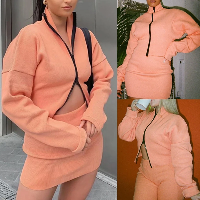 

Women Autumn Ribbed Knitted 2 Piece Outfits Set Long Sleeve Turtleneck Double Zipper Coat Top Bodycon Skirt Solid Color Party Cl