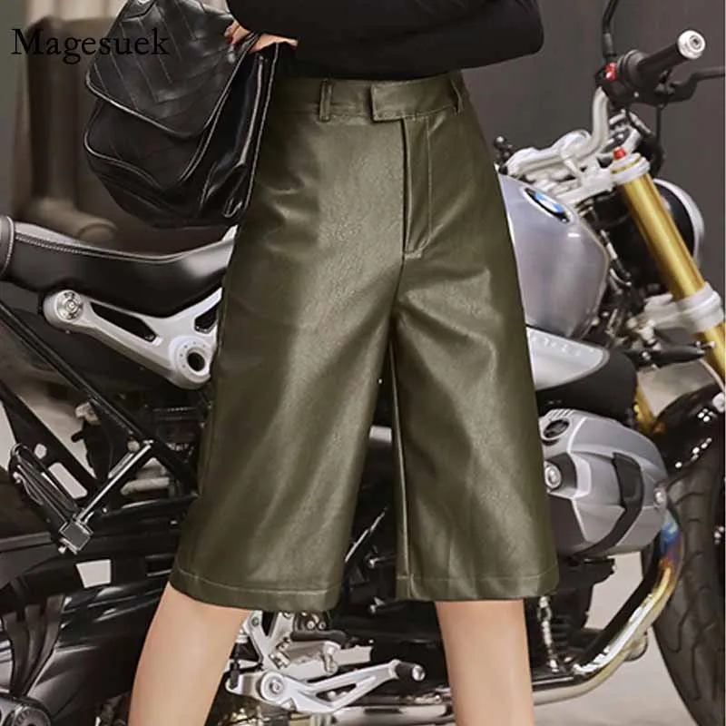 

High Waist Elegant Casual Overalls Streetwear Motor Fashion Trouser British Style Autumn Winter Women PU Leather Short 11334
